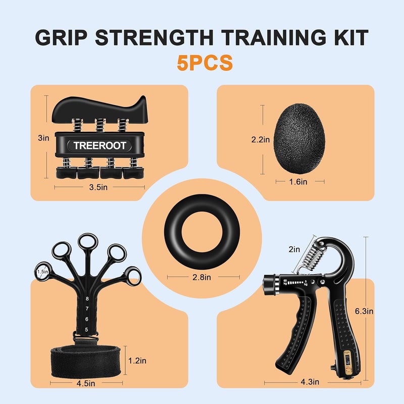 Treeroot 5PCS Grip Strength Trainer Kits, Hand Gripper Strengthener, Forearm Strengthener, Forearm Exerciser, Finger Exerciser, Wrist Strengthener, Stress Relief Ball, Grip Ring - Image 5